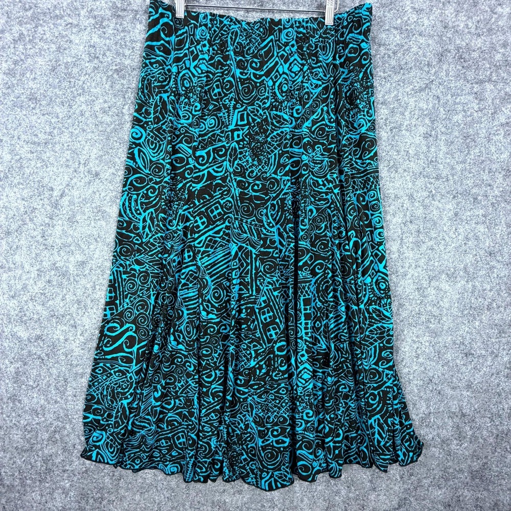 Chicos Maxi Skirt Womens 3 Black Teal Geometric Stretch Pleated Elastic Waist